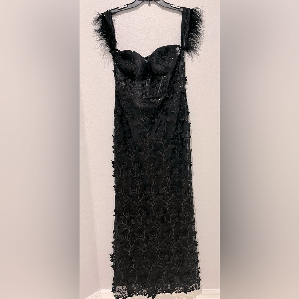 Lulus Midnight Sparkle Black Embroidered Feather Bustier Maxi Dress Sz medium - Picture 8 of 9